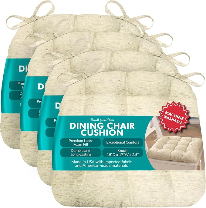 Barnett Home Decor Indoor Dining Chair Cushions - 15x17, Machine Washable, 100% Cotton Upholstery, Premium Latex Foam Fill, Reversible, Durable Kitchen Chair Pad - Granite Natural, Small, Pack of 4 by BarnettHomeDecor