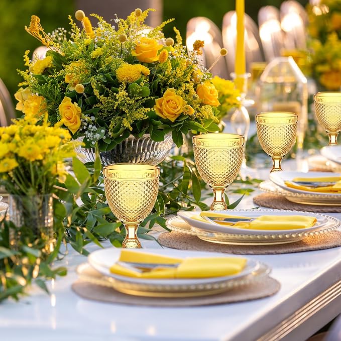 Bokon 6 Pack Amber Glass Goblets Set 10 oz High Clear Wine Glass Vintage Water Goblets Cups Embossed Diamond Design Glassware with Stem for Drinking Juice Liquor Party Wedding Bar - Image 5