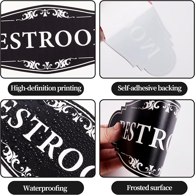 Restroom Sign for Business and Home,Self-adhesive Unisex Bathroom Sticker | Waterproof Vinyl Toilet Decor for House,Office,Shop,Door（Black） - Image 4