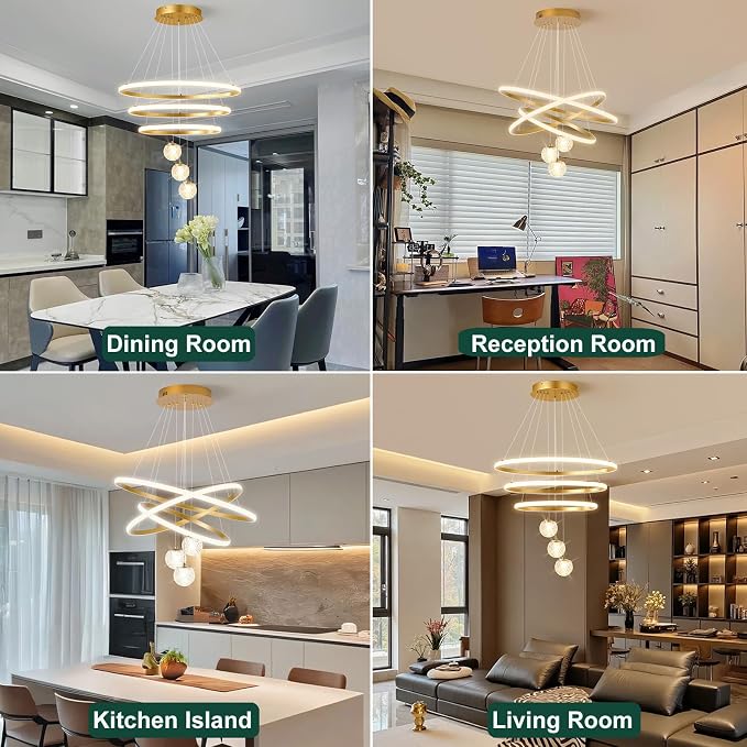 ORANOOR LED Modern 3 Ring Chandeliers 24inch Dimmable Kitchen Pendant Light | Gold Dining Room Light Fixtures Ceiling Hanging Over Table, Globe Round LED Chandeliers for Dining Room Living Room Bedroom - Image 7