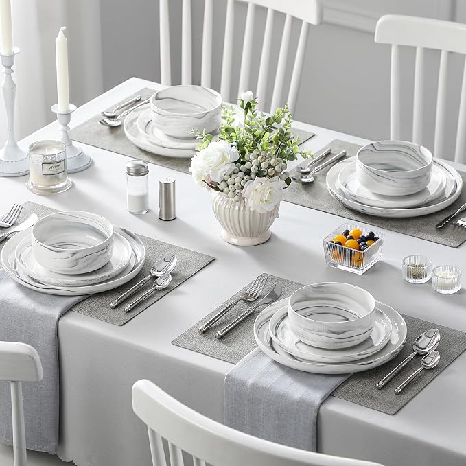 MALACASA 12 Pcs Porcelain Plates and Bowls Sets,Dinnerware Set for 4,Grey | Modern Ceramic Dishware Set,Kitchen Dining Ware,Microwave and Dishwasher Safe,Unique Marble Grey Design,Series LUNA - Image 7