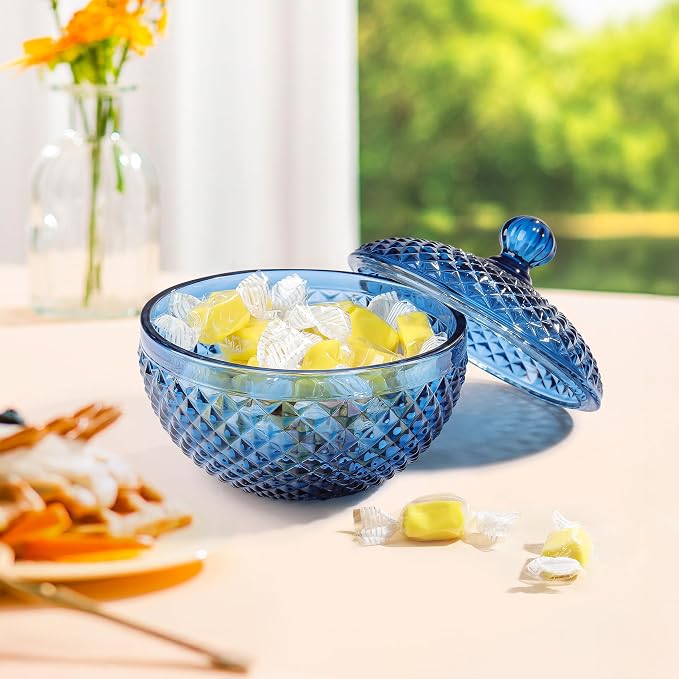 Joeyan 12 oz Small Blue Glass Jewelry Box Jars with Lid,Embossed Glass Candy Dishes,Diamond Faceted Food Container,Decorative Apothecary Canisters,Colored Kitchen Bathroom Buffet Storage Organizer - Image 4