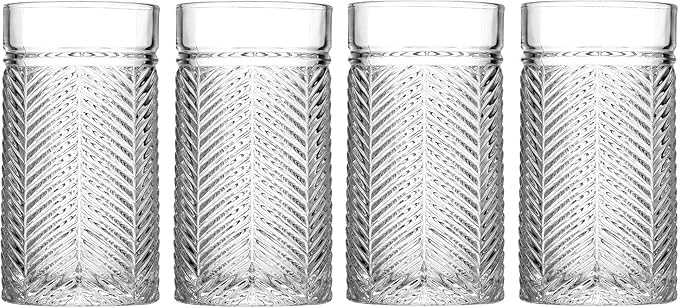 Highball Glasses Set of 4 Herringbone, 15.5 oz Tall Drinking Glasses, Elegant Textured Premium Glassware Tumblers for Water, Juice, Cocktails, Everyday use Vintage Style Beverage Glass Set - Image 3