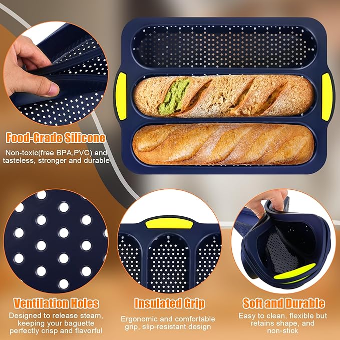 2 Pcs Silicone Baguette Bread Pan, Non-Stick Bread Loaf Pan Food Grade, 3-Cavity Perforated French Baking Mold for Homemade Bread, French Baguette, Sandwich Rolls