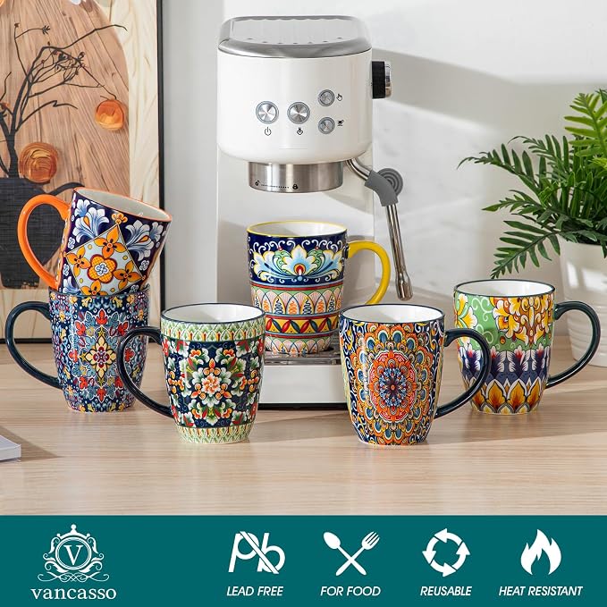vancasso SIMI 12 oz Coffee Mugs Set of 6, Ceramic Mug with Handle, Boho | Coffee Cups for Latte, Tea, Cappuccino & Hot Chocolate, Easy-Grip Mug, Dishwasher & Microwave Safe, Bohemian Gift Set - Image 3
