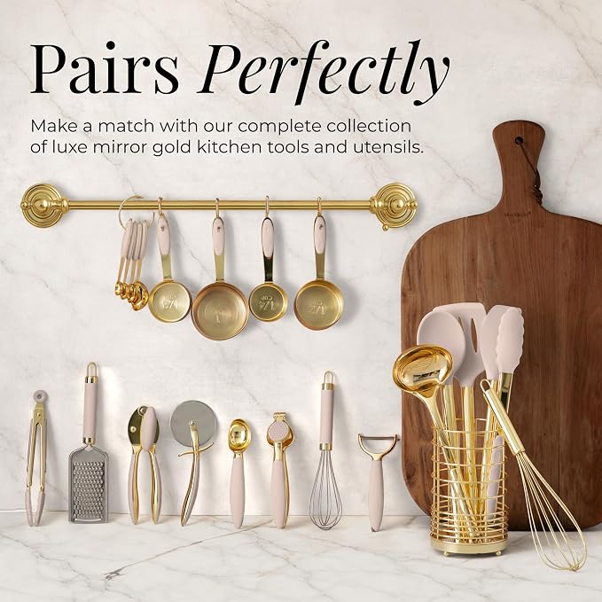 Styled Settings Beige and Gold Kitchen Utensils Set, 8-Piece | Silicone, 8 PC Cooking Gadgets with Mini Gold, Pizza Cutter, Garlic Press, Cheese Grater, Peeler - Image 9