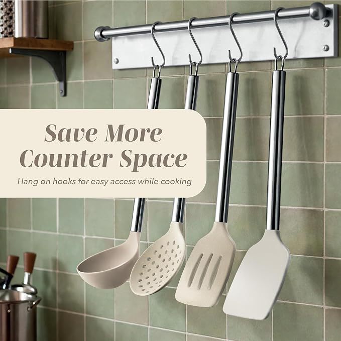 COOK WITH COLOR Silicone Cooking Utensils, Kitchen Utensil Set, Easy to Clean Silicone Kitchen Utensils, Cooking Utensils for Nonstick Cookware, Kitchen Gadgets Set, 10 Pieces, Brown - Image 4