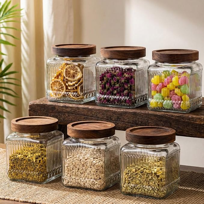 6 Pcs Vintage Glass Storage Jar with Lid 17 oz Glass Containers Stylish Ribbed Pattern Airtight Kitchen Jars Candy Jar for Food Cookies Candy Coffee Tea Beans Grains Storage - Image 6
