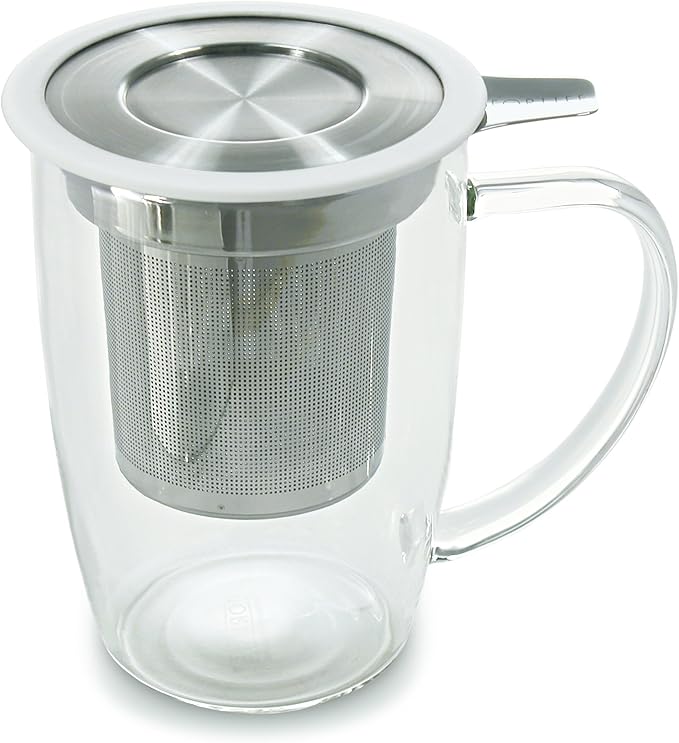 FORLIFE NewLeaf Glass Tea 16-Ounce Mug with Infuser and Lid, White