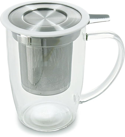 FORLIFE NewLeaf Glass Tea 16-Ounce Mug with Infuser and Lid, White