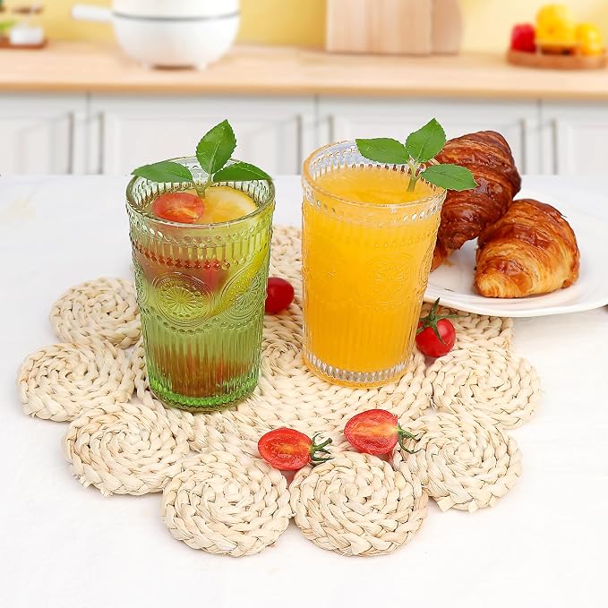 Loivttvv 6pcs Vintage Drinking Glasses Set, 12 oz Green Highball Glasses, Embossed Ribbed Glassware Cups for Cocktail, Water, Juice, Coffee, Whiskey - Image 8