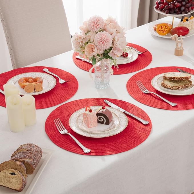 SHACOS Round Placemats Set of 4 Non Slip Washable Place Mats 15 inch Cotton Polyester Braided Placemat for Christmas Home Wedding Party Dining Table Decor (Red, 4) - Image 6