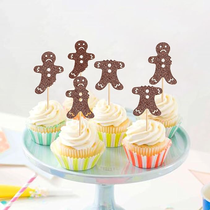 24Pcs Gingerbread Man Cupcake Toppers Holiday Party Cake Decorations Glitter Bitten Cookie Cupcake Picks Baby Shower Birthday Party Cupcake Toppings - Image 3
