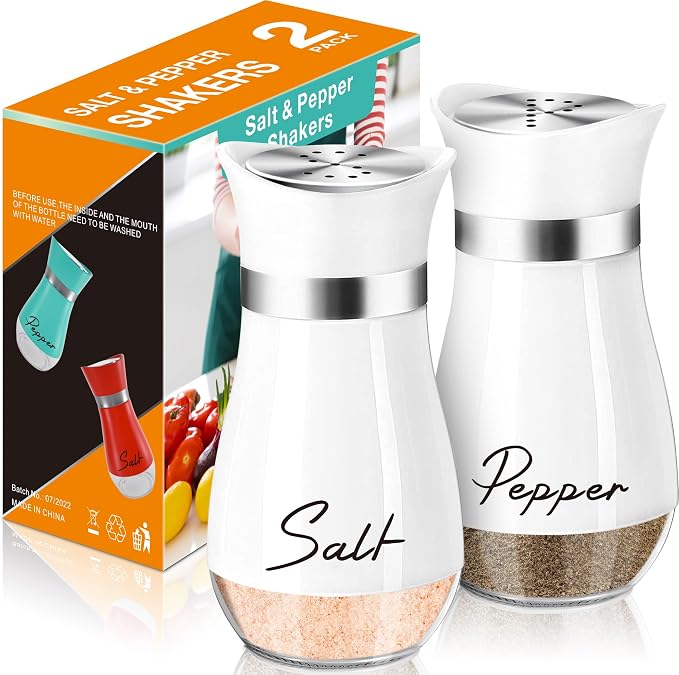 Salt and Pepper Shakers - 4 oz White Glass Set with Stainless Steel Lids | Refillable Glass Shakers with Stainless Steel Lids for Cooking, Dining, RV Trips, Camping and BBQs; 4 oz Capacity Each. by ARROZON