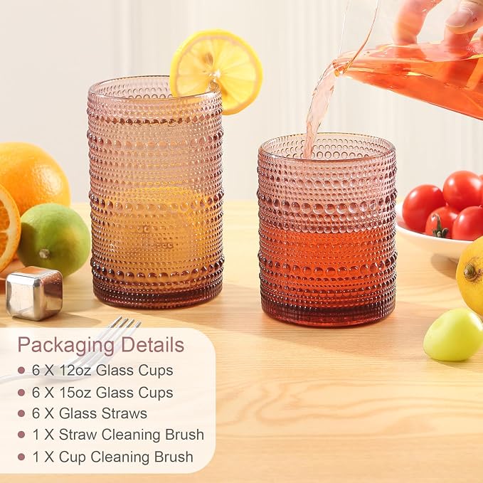ZMOWIPDL Drinking Glasses Set of 12,Purple 12oz & 15oz Hobnail Glass Cups | Vintage Glassware，Embossed Water Tumbler,for Beer,Cocktail,Whiskey,Juice and Various Mixed Drinks- 1 Cleaning Brush - Image 6