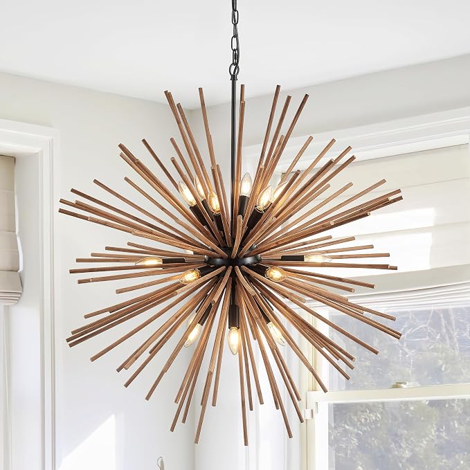 37.4" Farmhouse Sputnik Chandelier for Dining Room Rustic Handmade Natural Wood 18-Light Hanging Ceiling Pendant Light Fixture Starburst Wood Chandeliers for Kitchen Bedroom Foyer Hallway - Image 9