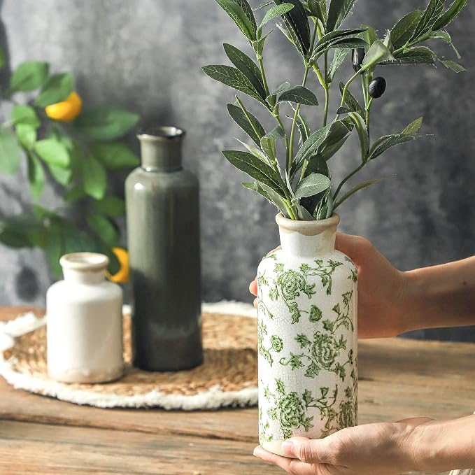 Vintage Vase Set of 3, Ceramic Vintage Flower Vases, Chinoiserie Decorative Home Decor Retro Floral Vase Rustic Farmhouse Decor for Table Bookshelf Mantel Kitchen Living Room Office - Green and Beige - Image 3