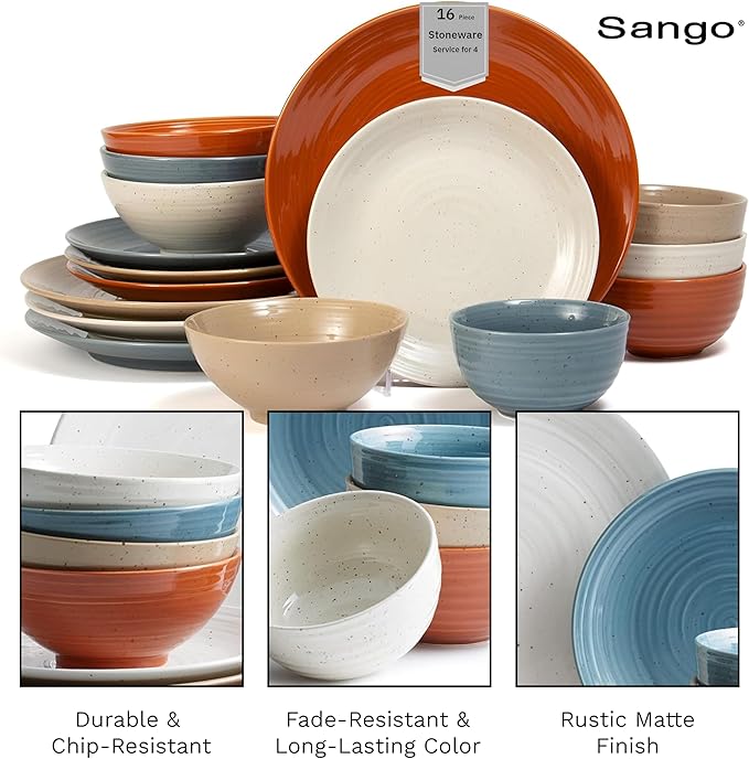 Sango Siterra Painter's Palette 16-Piece Stoneware Dinnerware Set - Service for 4, Ceramic Plates and Bowls Sets, Chip Resistant, Rustic Dishware, Microwave & Dishwasher Safe Kitchen Dishes - Image 3