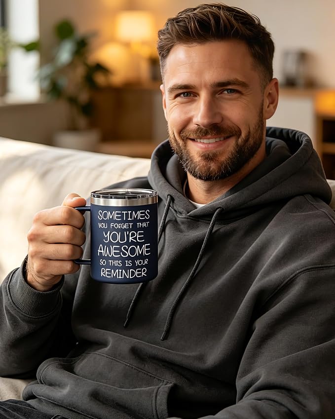 Inspirational Coffee Mug for Men, 12oz Insulated Stainless Steel Mug with Handle & 2 Lids – Sometimes You Forget You’re Awesome, Birthday & Appreciation Gift for Dad, Husband, Him, Navy Blue - Image 6