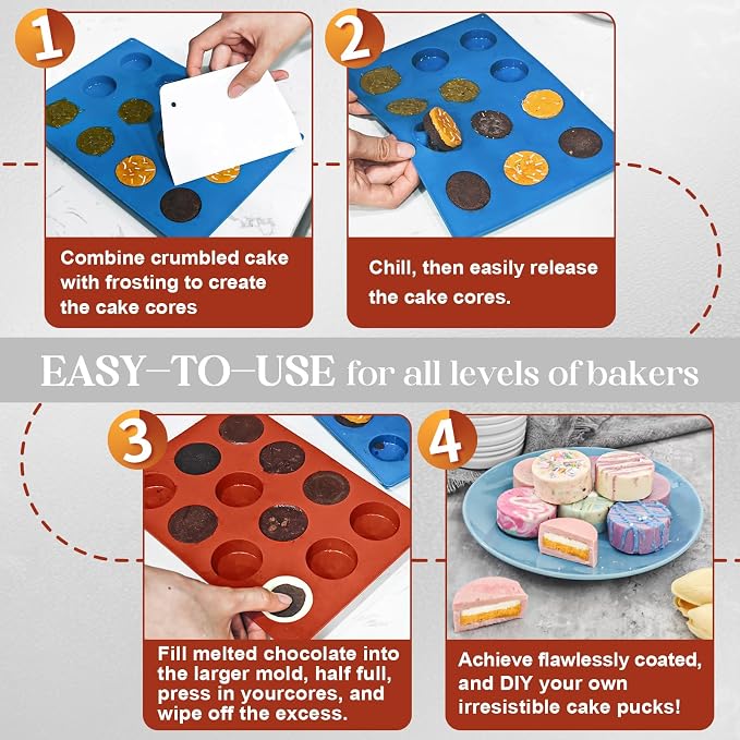 Webake Mini Size Cake Puck Mold Set, Silicone Flat Cake Pop Molds 1.75" x 0.75", BPA Free 4 Molds and 1 Scraper - Image 5