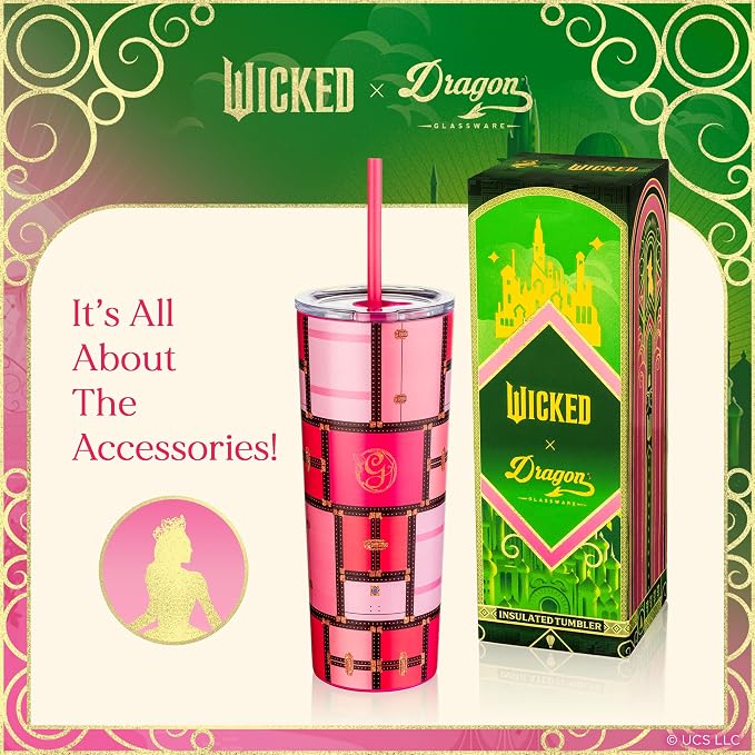 Dragon Glassware x Wicked Stainless Steel Tumbler with Straw, 24oz - Glinda | Vacuum Insulated Wicked Cup with Lid & Straw For Water & Iced Tea; Official Wicked Merch - Image 7