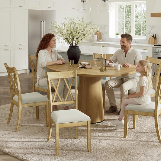HULALA HOME Wooden Dining Chairs Set of 6, Farmhouse Kitchen Chairs Set with Cross Backrest Wood Legs, Upholstered Accent Dinner Chair for Dining Living Room Restaurant Cafe, Natural by HULALAHOME