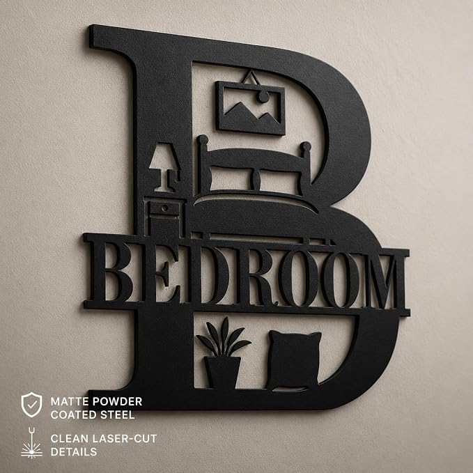 Bedroom Metal Wall Decor, Modern Farmhouse Room Sign, 14 Inch | 14-inch matte black metal BEDROOM sign with pre-drilled holes for bedrooms, guest rooms, dorms, and modern farmhouse decor. - Image 8