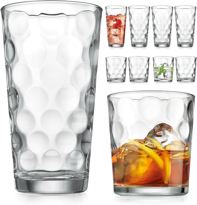 Home Essentials & Beyond Glassware Drinking Glasses Set Of 8 4 Highball (17 oz.) Kitchen Glasses | 4 (13 oz.) Rocks Glass Cups for Water, Juice and Cocktails. by Glavers