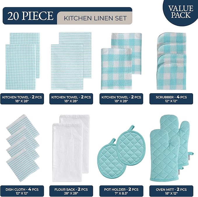 LANE LINEN Kitchen Towels and Dishcloths Sets - 20Pc Kitchen Towel Set, 350 Degree Heat Resistant Oven Mitts & Pot Holder, Reusable Absorbent Dish Cloths for Washing Dishes - Aqua - Image 2