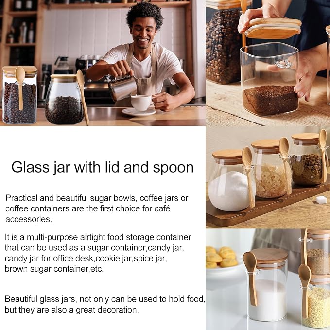 CNWSGEM Sugar Bowls Sugar Container 25.36 FL OZ Glass Coffee Canister Airtight Food Storage Jar with Lid and Spoon Candy Jar Coffee Bar Accessories Storage Beans Powder (Round) - Image 3
