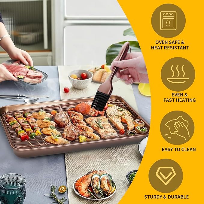 DOCBLACK Baking Sheet with Wire Rack and Silicone Pastry Basting Brush Set, Stainless Steel Cookie Sheet Baking Tray & Cooling Rack &Silicone Food Brush for Cooking and Oven, Dishwasher Safe -RoseGold - Image 5