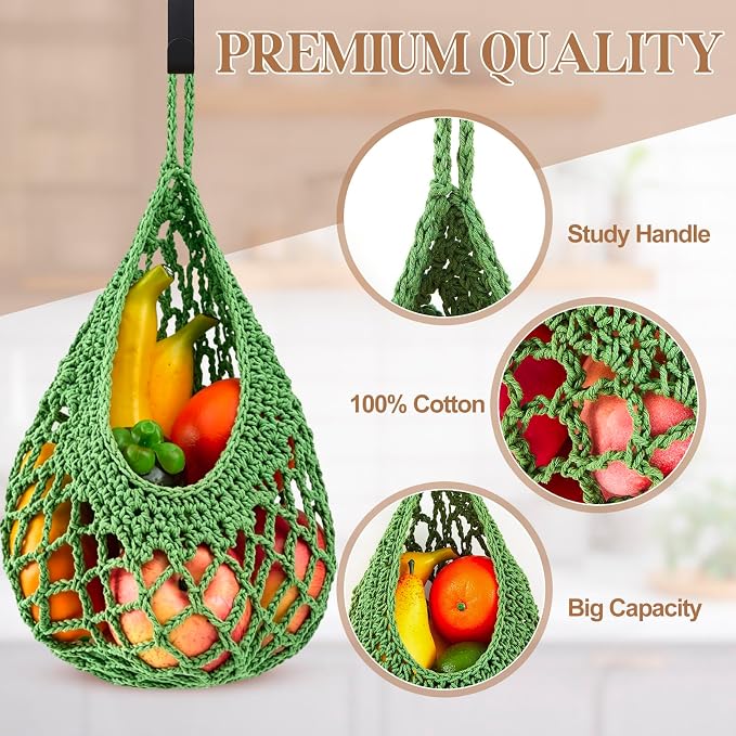 Honeydak Boho Decor Hanging Wall Baskets for Kitchen 3 Pack Teardrop Baskets with Hooks Storage Fruit Onion Vegetable Potato for Home 3 Sizes(Spring Color,Crochet,Cotton Rope) - Image 6