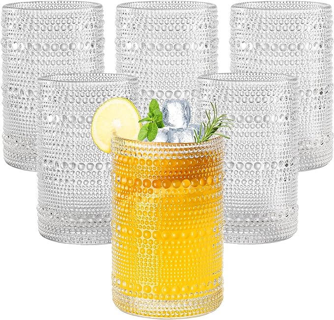 Amyoole Hobnail Drinking Glasses Set of 6,15oz Bar Tumbler Glassware | Clear, Vintage Glassware Embossed Water Tumbler, Cocktail Glass and Kitchen Glass Cups, For Beer, Whiskey, Juice, Milk by Amyoole