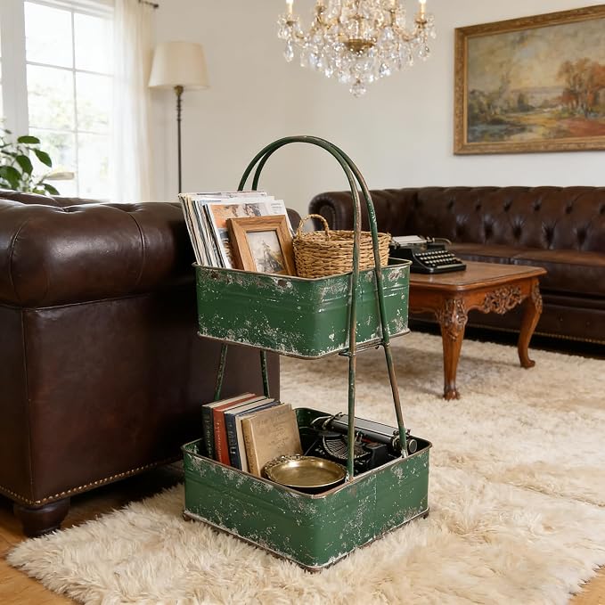 Vintage Metal Storage Basket 2-Tier 25.98" H Farmhouse Distressed Kitchen Counter Organizers Rustic Double-Layer Organizing Bin for Kitchen Pantry (Green) - Image 7