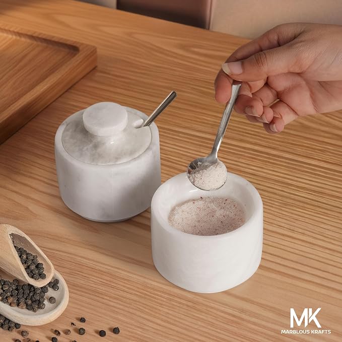 MARBLOUS KRAFTS Marble Salt Cellar 3" Inch White Celtic Salt, Seasoning Containers for Kitchen Decor, Set of 2 Spice Jars, Countertop Storage, Sugar Bowl with Lid and Spoon, Ideal Gift for New Home - Image 7