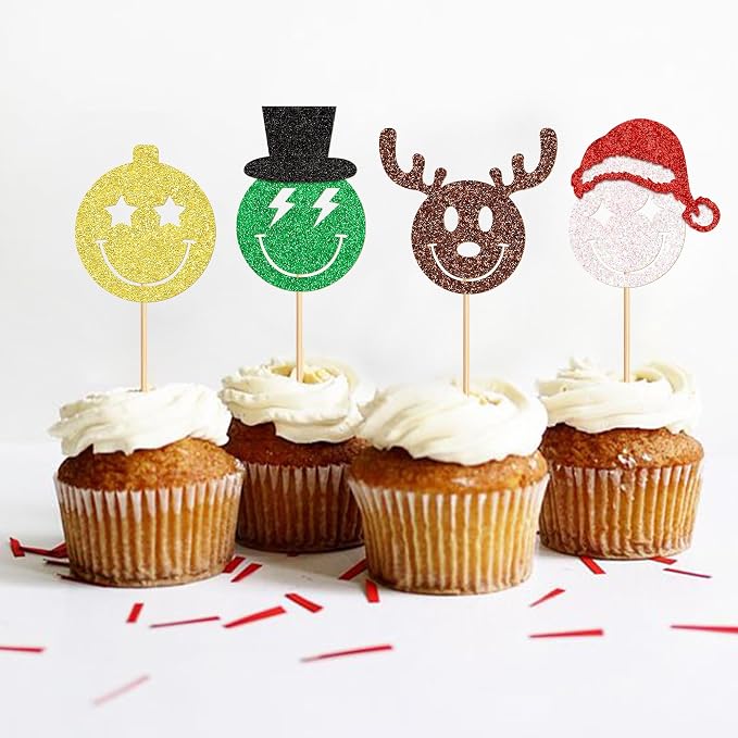 24 Pack Christmas Cupcake Toppers -Antler、Disco Ball、Santa's Hat、Picks Merry Christmas Theme Holiday Baby Shower Birthday Party Cake Decorations Supplies - Image 5