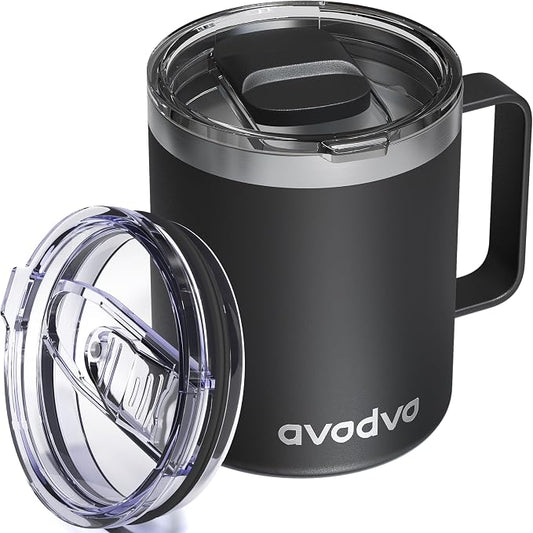 12oz Insulated Coffee Mug with Lid – Includes Two Lids, Stainless Steel Coffee Travel Mug with Handle, Double Wall Vacuum Insulated Camping Mug for Home, Office & Outdoor, Black by avodvo