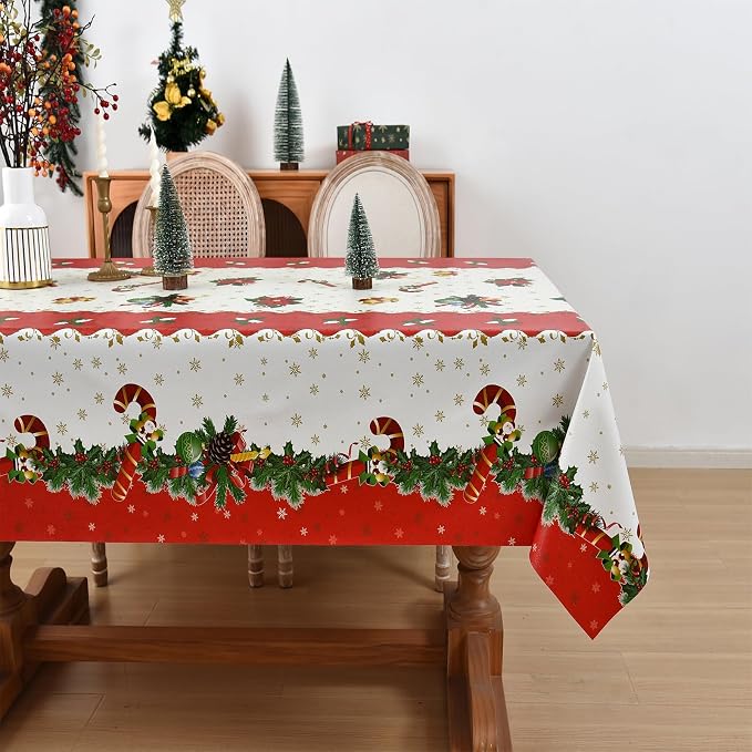 Christmas Tablecloth Heavy Duty Vinyl Red 54x84 inch Square Christmas Table Cloth Reusable Waterproof Foldable Plastic Tablecloths PVC Xmas Table Cover for New Year Party Decor - Image 2