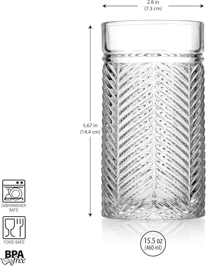 Highball Glasses Set of 4 Herringbone, 15.5 oz Tall Drinking Glasses, Elegant Textured Premium Glassware Tumblers for Water, Juice, Cocktails, Everyday use Vintage Style Beverage Glass Set - Image 4