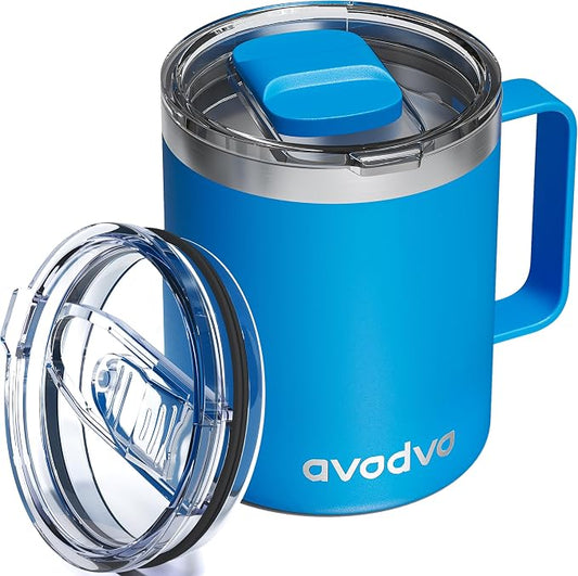 12oz Insulated Coffee Mug with Lid – Includes Two Lids, Stainless Steel Coffee Travel Mug with Handle, Double Wall Vacuum Insulated Camping Mug for Home, Office & Outdoor, Sapphire Blue by avodvo