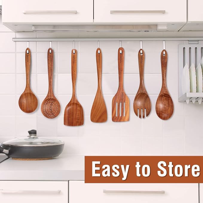 Mooues Wooden Kitchen Utensil Set, 9 Piece Natural Teak with Spoon Rest | Wooden Cooking Utensils with Comfort Grip, Smooth Durable Heat Resistant Cooking Spoons and Utensils Holder for Cooking - Image 4