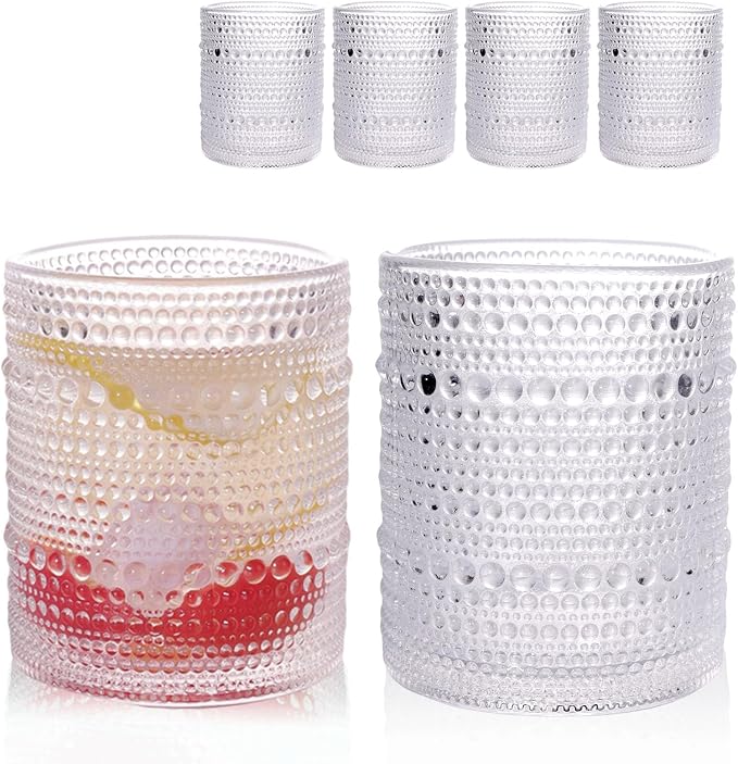 Set of 4 Hobnail Drinking Glasses, 12oz, Vintage Jupiter Drinking Glasses,Embossed Old Fsahioned Glassware for Beer,Water,Juice,Cocktail,Whiskey,Gift (Clear, Small) by WeirdUncle