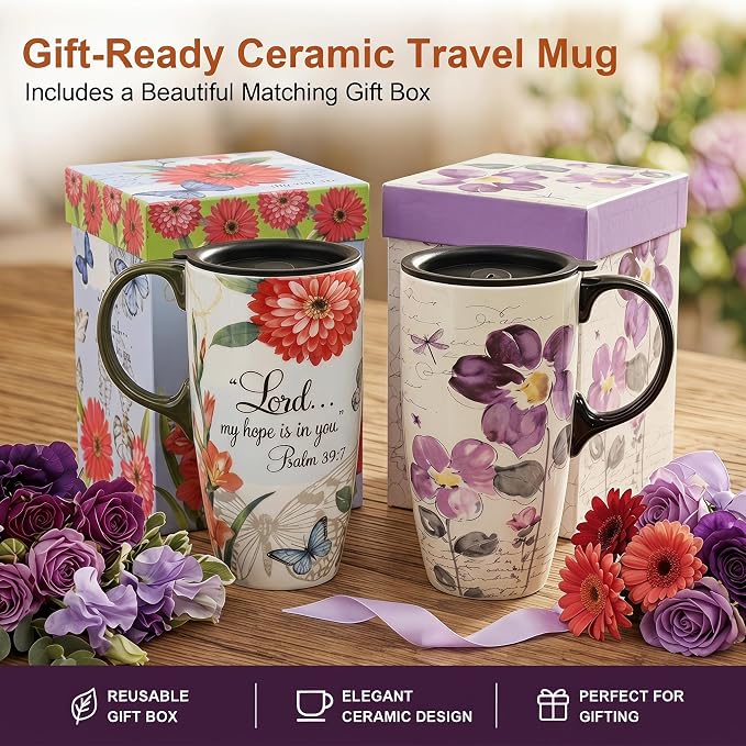 Topadorn 2 Pack Ceramic Travel Mugs with Lids, 17oz Christian Coffee Mug | Coffee Mug Set with Bible Verse & Floral Design, Microwave & Dishwasher Safe Gift Set - Image 5