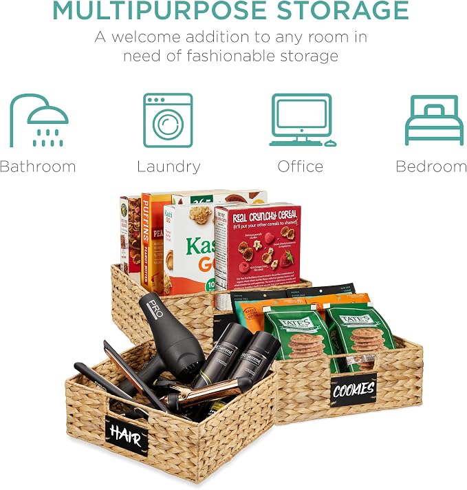 Best Choice Products Set of 4 13x12in Water Hyacinth Pantry Baskets, Woven Organizers w/Chalkboard Label, Chalk Marker - Natural - Image 6