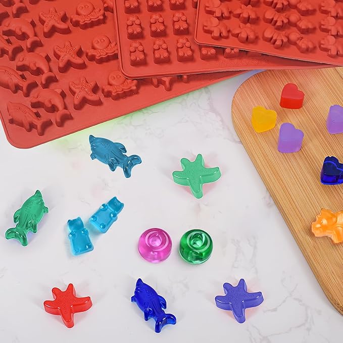 Gummy Bear Mold Silicone for Gummies Candy, 5Pcs Ocean Theme Gummy and Chocolate Molds Silicone for Kids Including Mini Bear, Dinosaur, Dolphin, Starfish, Octopus, Hearts, Donut with 2Droppers