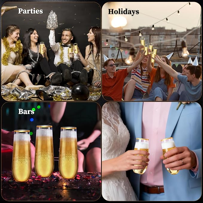 24 Pack Gold Rim Stemless Champagne Flutes, 9 oz Clear Disposable Plastic Glasses, Heavy Duty Shatterproof Recyclable Mimosa Glasses for Party Wine Tasting Wedding New Years Eve Party Supplies - Image 7