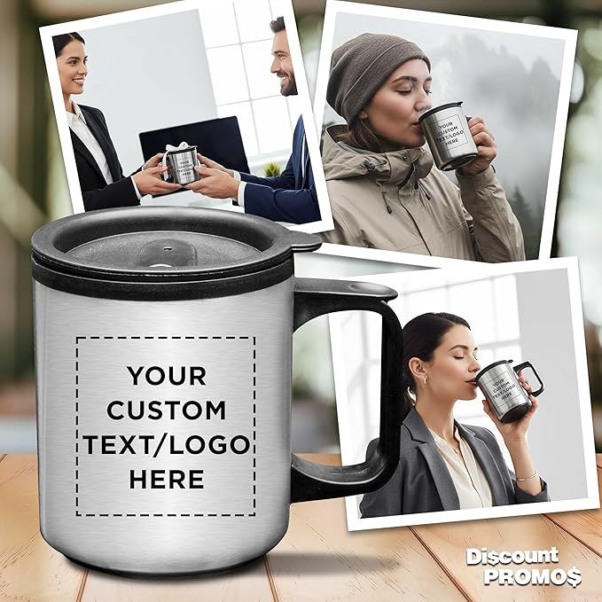 DISCOUNT PROMOS Custom Stainless Steel Travel Mugs with Handle 12 oz. Set of 100, Personalized Bulk Pack - Perfect for Coffee, Soda, Other Hot & Cold Beverages - Stainless Steel