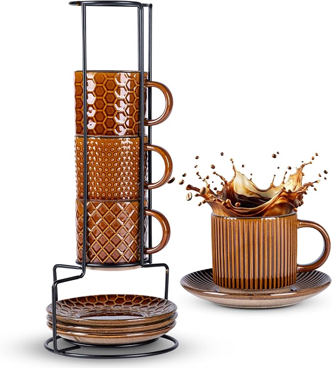 GBhome 6 OZ Stackable Coffee Mugs Set of 4, Ceramic Espresso Coffee Cups | Coffe Cups With Saucer and Stand, Dishwasher&Microwave Safe, 4 Assorted Designs by GBhome