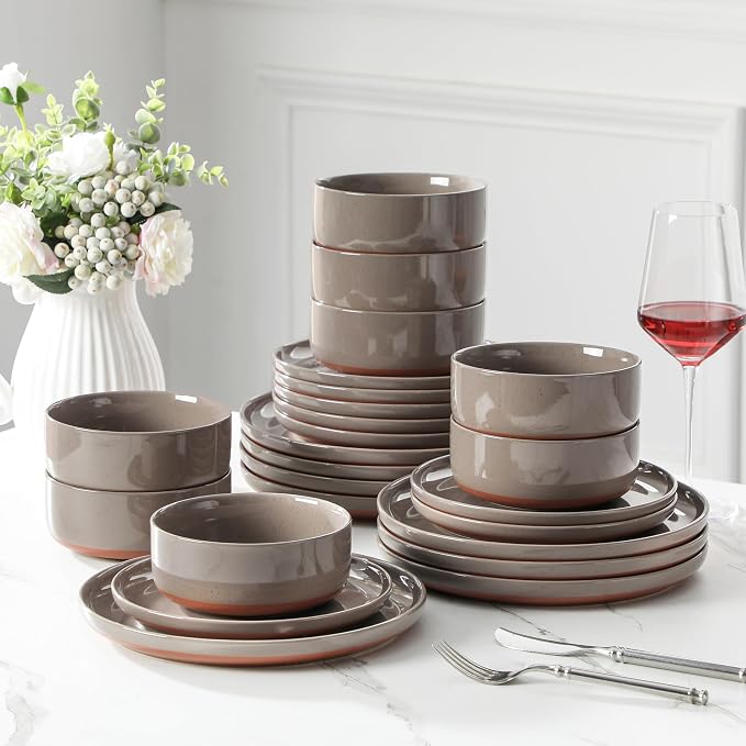 MALACASA Plates and Bowls Sets, 24 Pieces Modern Ceramic Dinnerware Set for 8 Kitchen Dinner Set Stoneware Dishware Dishes Set Microwave and Dishwasher Safe, Brown, Series TARA - Image 7