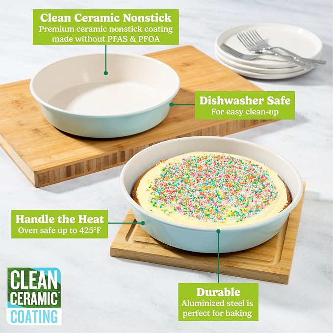 Tasty Clean Ceramic Round Cake Pans Set, 2-Pack of 9-Inch Cake Pans, Durable Aluminized Steel for Professional Results, Clean Ceramic Nonstick Coating, Oven Safe to 425°F, Dishwasher Safe, Aqua - Image 3